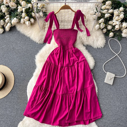 Rose Red Summer Retro Dress A Line Sling Skirt 1247