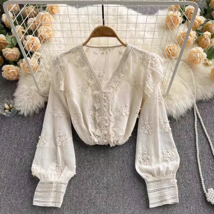 Sweet Embroidered Lace V-Neck Shirt Loose Elegant Top 1043
