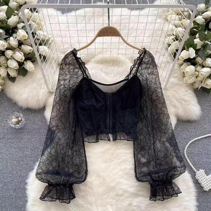 Spring  Summer Sexy Lace Shirt French Mesh Square Collar Top 1066