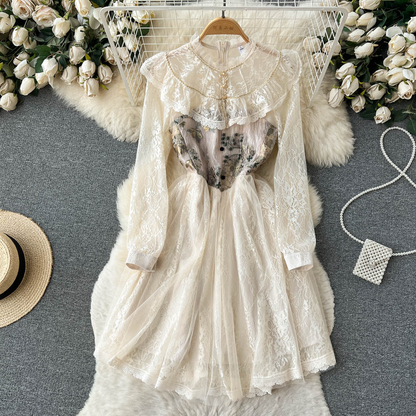 Spring and Autumn Retro Lace Dress Mid Length Fairy Lace Dress 1172