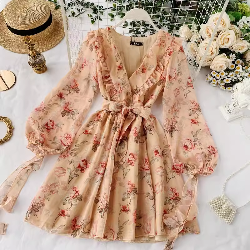 French Elegant Puff Sleeve V Floral Dress 1156