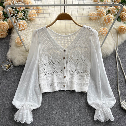 French V Neck Shirt Summer Women Trumpet Sleeve Lace Top 1069