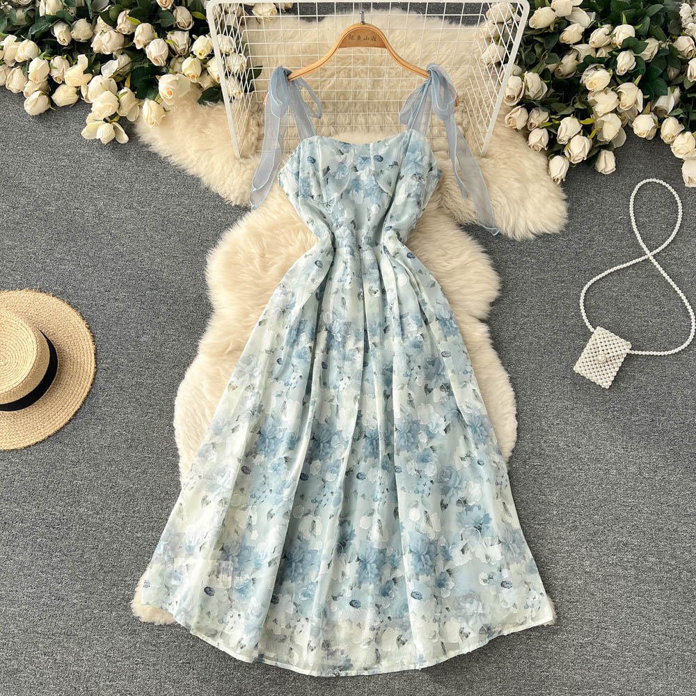 Mesh Bowknot Sling Fairy Dress Summer Short Sleeves Floral Dress 1186