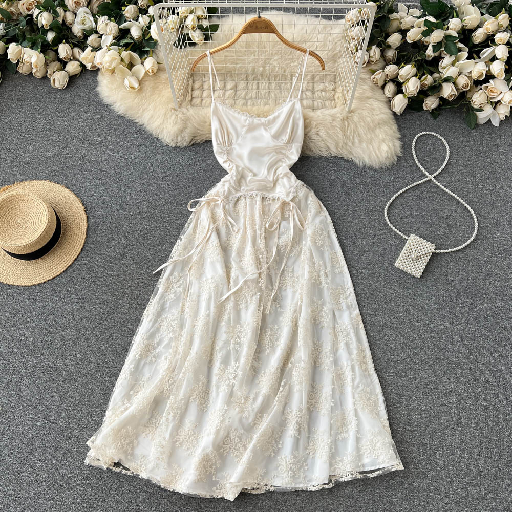 Summer Lace Suspender Dress Sweet Embroidery Fairy Long Skirt 1219