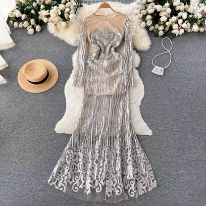 Sequined Round Neck Mermaid Dress Long Sleeves Spring Autumn Dress 1266