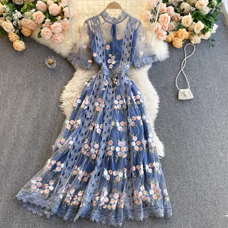 Fairy Round Neck Dress Short Sleeve Mesh Embroidery Skirt  1116
