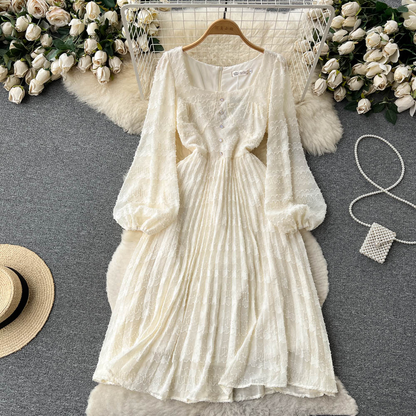 Square Collar Chiffon Puff Sleeve Dress Spring and Autumn Sweet Pleated Fairy Dress 1225