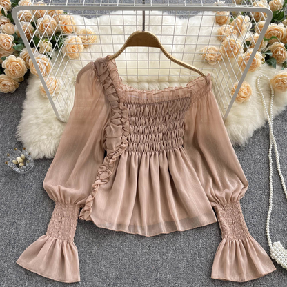 Chiffon Trumpet Sleeve Off shoulder Top Summer Women Pleated White Top 1052