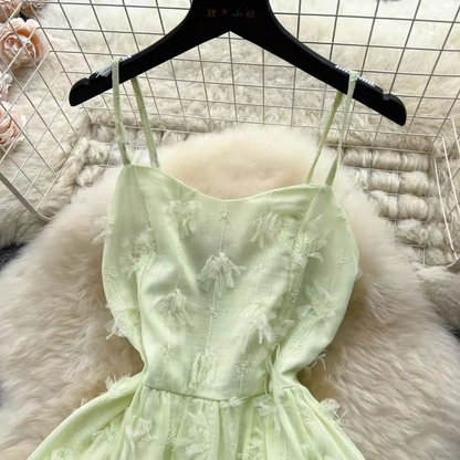 Green Sweet Spaghetti Straps Dress Girl Summer Cute Fairy Dress 1252