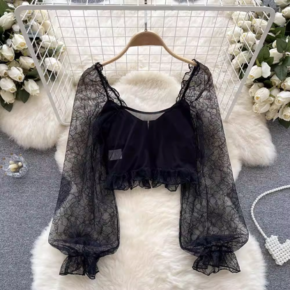 Spring  Summer Sexy Lace Shirt French Mesh Square Collar Top 1066