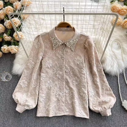 French Retro Beaded Polo Collar Shirt Loose Puff Sleeve Top 1040