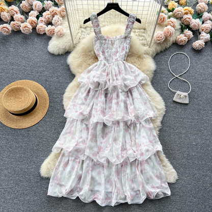 Cute Floral Sling Dress Summer Fairy Layer Cake Dress 1113