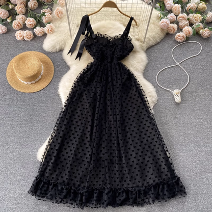 French Summer Fairy Air Net Gauze Tutu Skirt Mid Length Spaghetti Strap Dress 1009