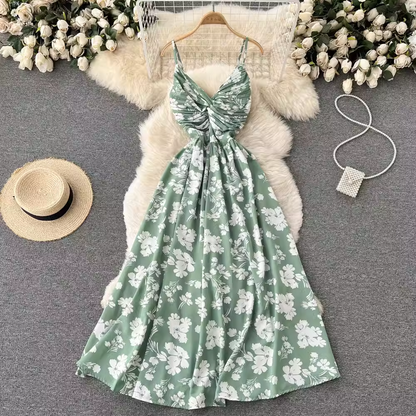 Summer Pleated Chiffon Suspender Skirt Floral Dress 1209