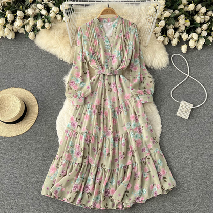 Fashion V Neck Long Sleeved Dress Spring Chiffon Floral Dress Fairy Sweet Dress 1112