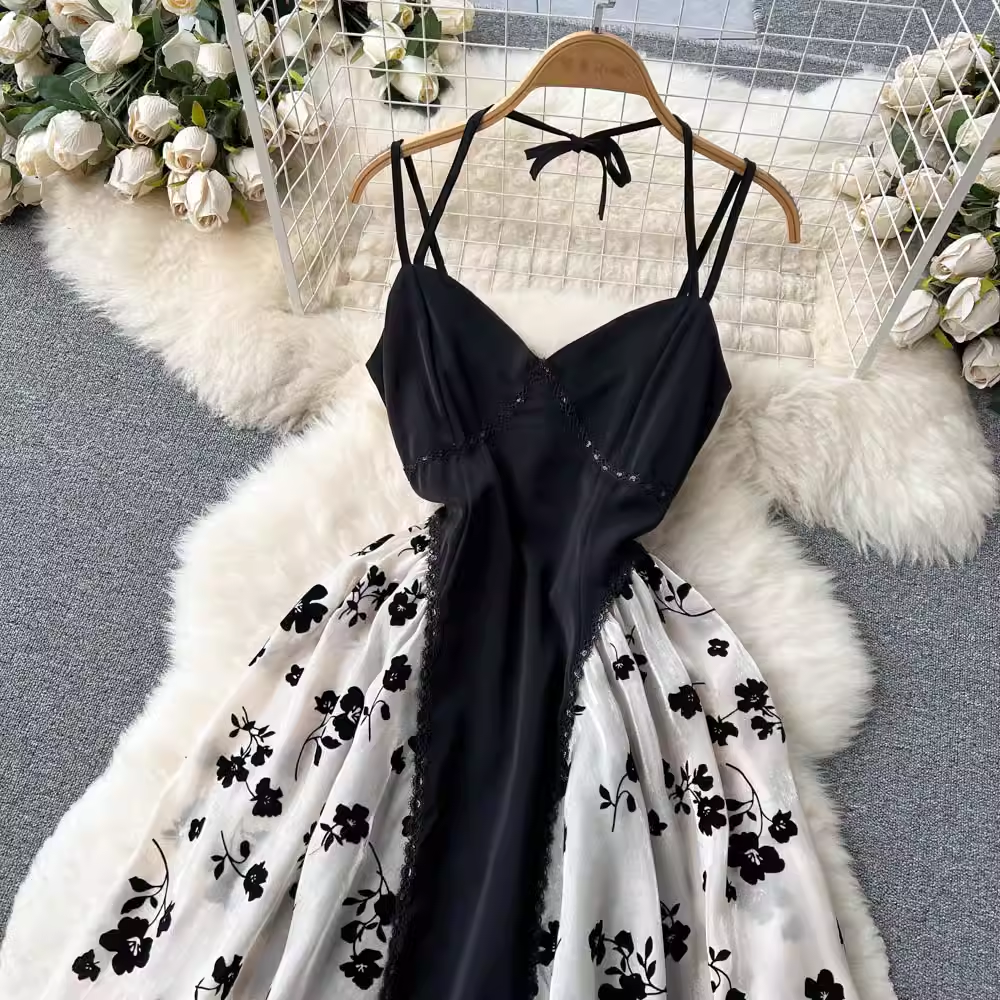 Summer Retro Sling Floral Dress Mid Length Fairy Skirt 1138