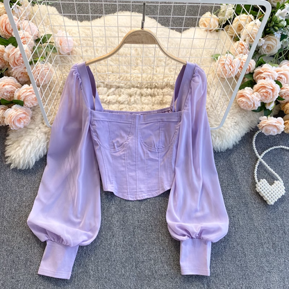 Chiffon Puff Sleeve Long Sleeve Top Square Neck Cropped French Shirt 1023