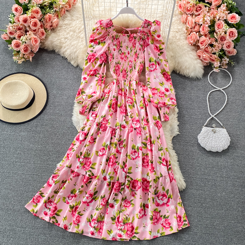 High Waist Floral Puff Sleeve Dress Summer Square Collar Long Sleeve Dress 1316