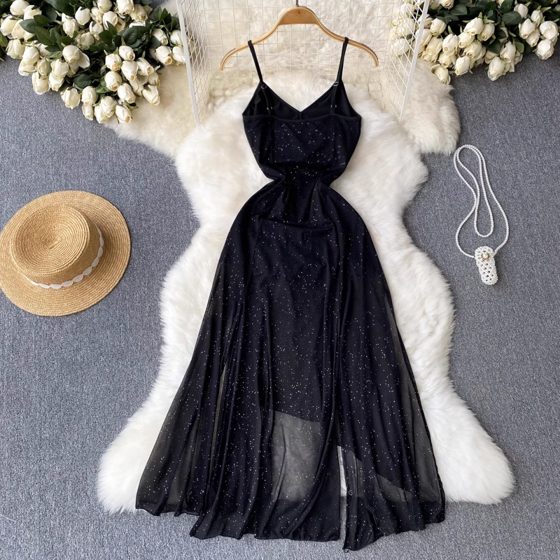 Summer V Neck Slit Mesh Dress Fairy Sparkling Black Dress 1248