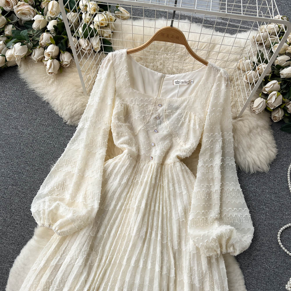 Square Collar Chiffon Puff Sleeve Dress Spring and Autumn Sweet Pleated Fairy Dress 1225
