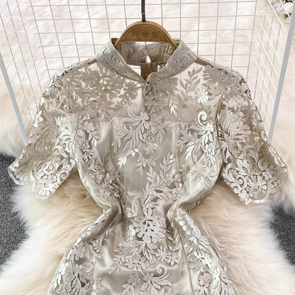 Retro Summer Elegant Stand Collar Lace Sheath Dress 1288