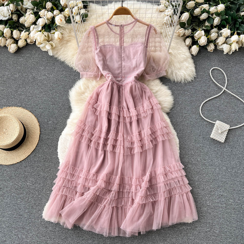 Summer Pink Layered Mesh Skirt  Short Sleeves Fairy Sweet Dress 1216