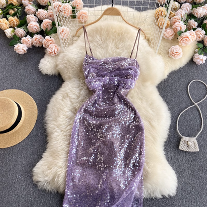 Purple Mid Length Sequined Spaghetti Strap Evening Dress 1128