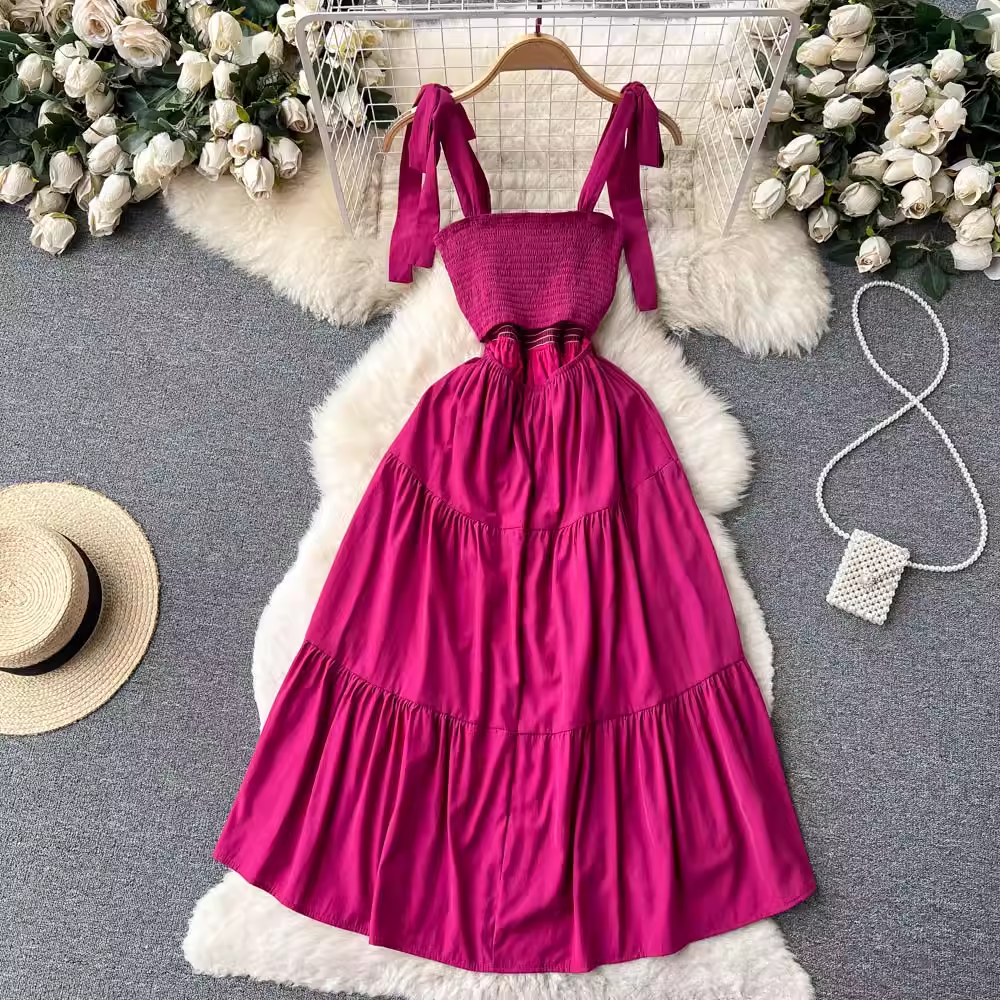 Rose Red Summer Retro Dress A Line Sling Skirt 1247