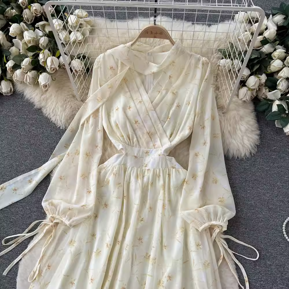 V Neck Long Sleeves Floral Dress Spring Autumn Fairy Dress 1132