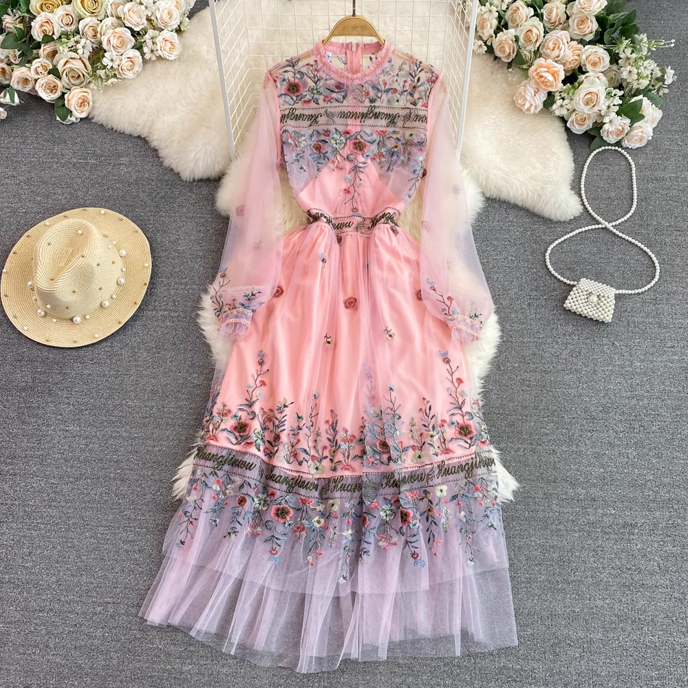 Round Neck Mesh Embroidery Dress A Line Ruffle Fairy Dress for Women 1300