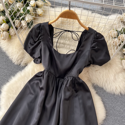 French Style Black Dress Women Summer Backless Puff Sleeve Skirt 1175