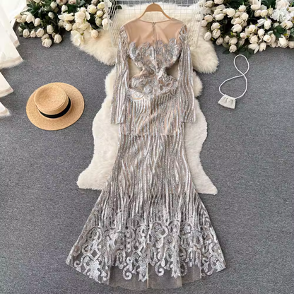 Sequined Round Neck Mermaid Dress Long Sleeves Spring Autumn Dress 1266