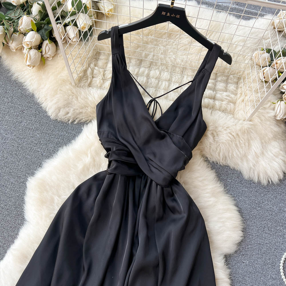 V Neck Backless Black Dress Summer Retro Slit Dress 1251