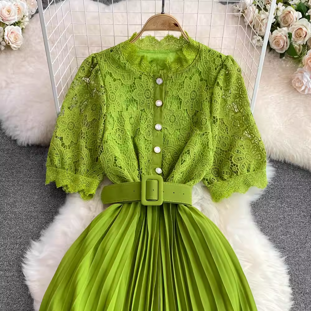 Retro Short Sleeves Round Neck Lace Pleated Dress Elegant  Summer Dress 1296