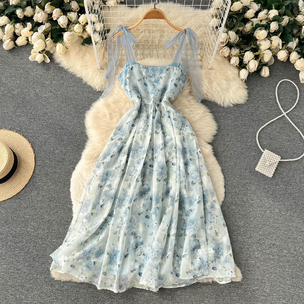 Mesh Bowknot Sling Fairy Dress Summer Short Sleeves Floral Dress 1186