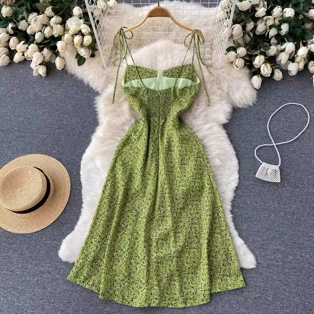 Summer Green Floral Sling Dress Zipper Back Dress with Slit 1115