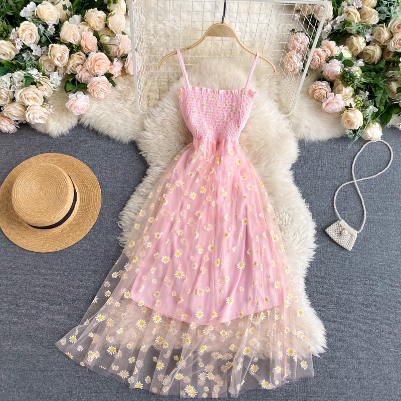 Fairy Summer Spaghetti Strap Dress Mesh Embroidered Chrysanthemum Skirt 1008