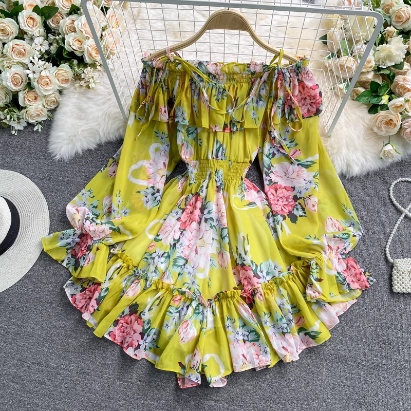 Off The Shoulder Printed Chiffon Jumpsuit Skirt Fairy Loose Shorts Jumpsuit 1340