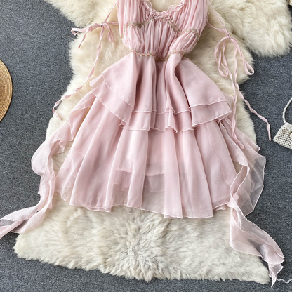 Sweet Ruffled Mesh Suspender Dress Summer Fairy Skirt 1239