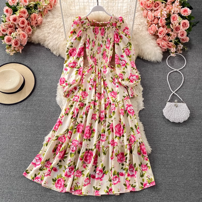High Waist Floral Puff Sleeve Dress Summer Square Collar Long Sleeve Dress 1316