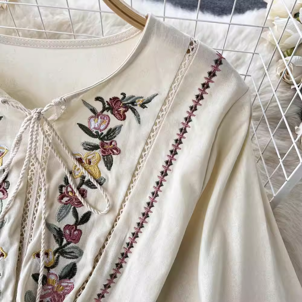 Retro Mid Length Embroidered Dress Elegant Long Skirt 1208