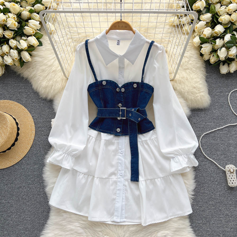 Summer White Shirt Denim Skirt Long Sleeves Dress 1190