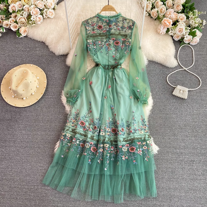 Round Neck Mesh Embroidery Dress A Line Ruffle Fairy Dress for Women 1300