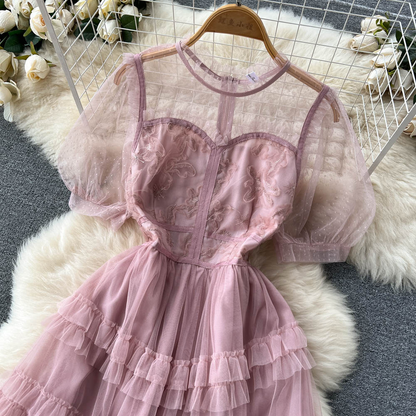 Summer Pink Layered Mesh Skirt  Short Sleeves Fairy Sweet Dress 1216