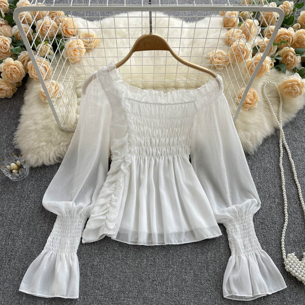Chiffon Trumpet Sleeve Off shoulder Top Summer Women Pleated White Top 1052