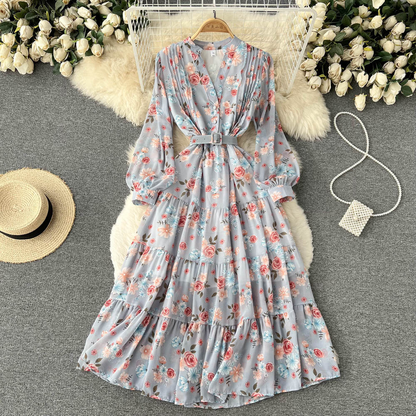 Fashion V Neck Long Sleeved Dress Spring Chiffon Floral Dress Fairy Sweet Dress 1112