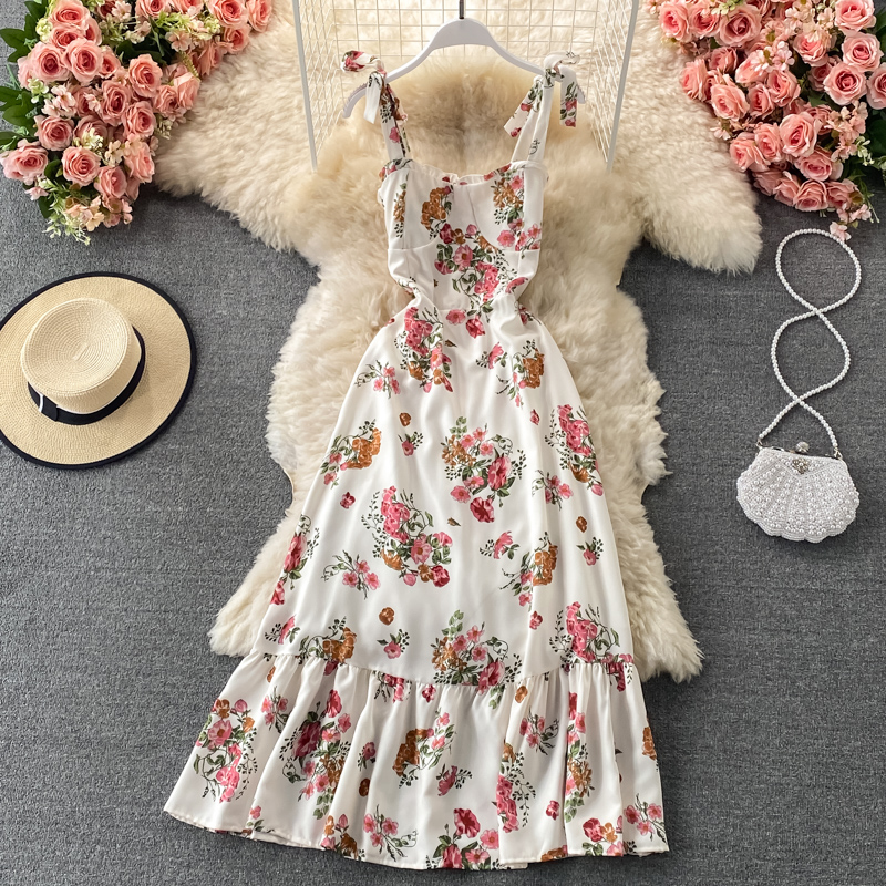 Summer Girl Ruffled Bowknot Shoulder Strap Dress Floral Mid Length Dress 1315