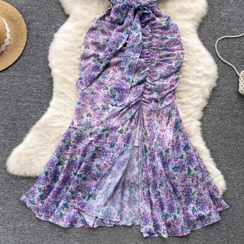 V neck Floral Dress Pleated Slit Mermaid Skirt Long Skirt 1154