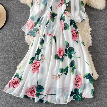 Spring and Autumn Rose Print Tie Bow Chiffon Dress 1329