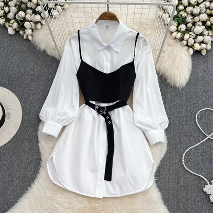 Autumn Retro Hong Kong Style White Shirt Dress Two Pieces Set 1294